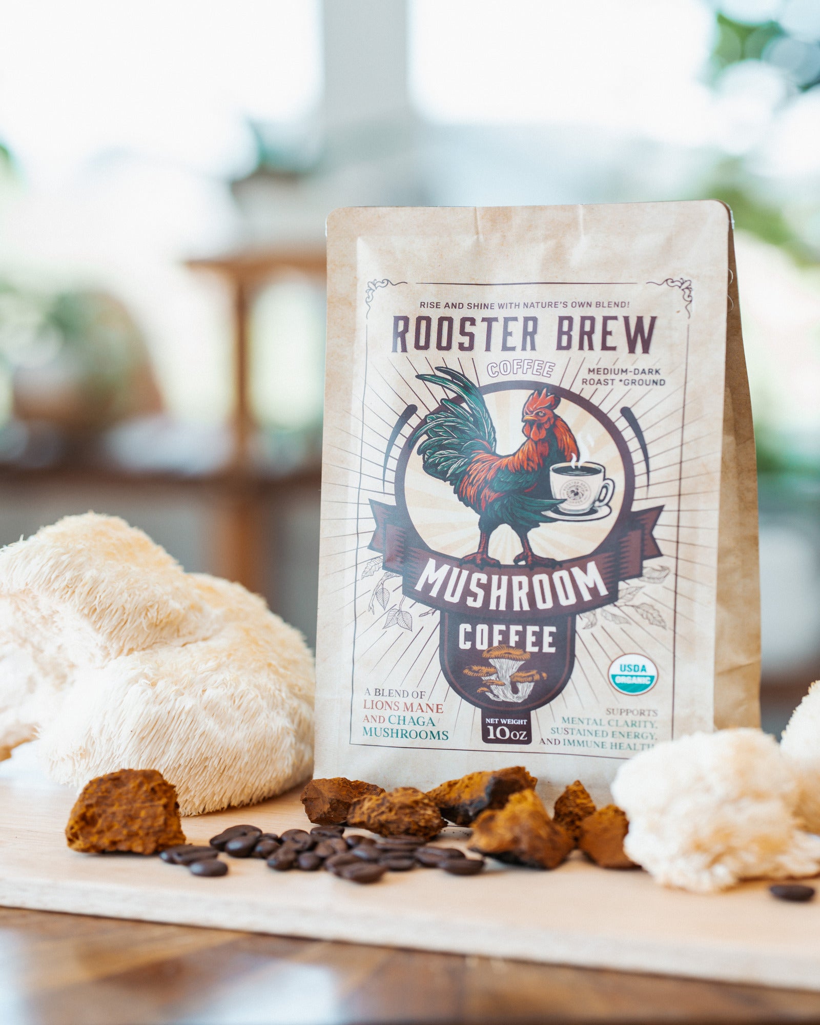 Rooster Brew Premium Mushroom Coffee – Lion’s Mane Mushroom Blend, Medium-Dark Roast, 10oz