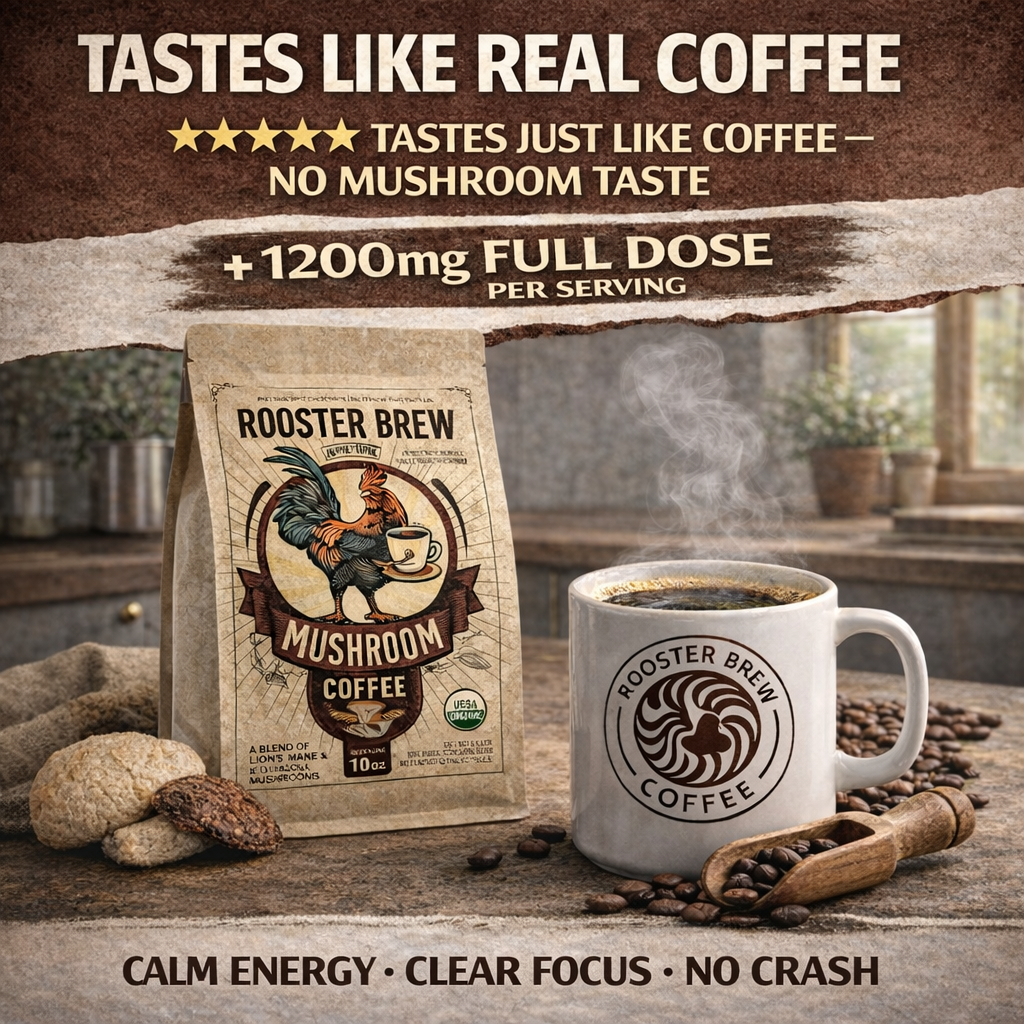 Rooster Brew Mushroom Coffee – Lion’s Mane Mushroom Blend, Medium-Dark Roast, 10oz