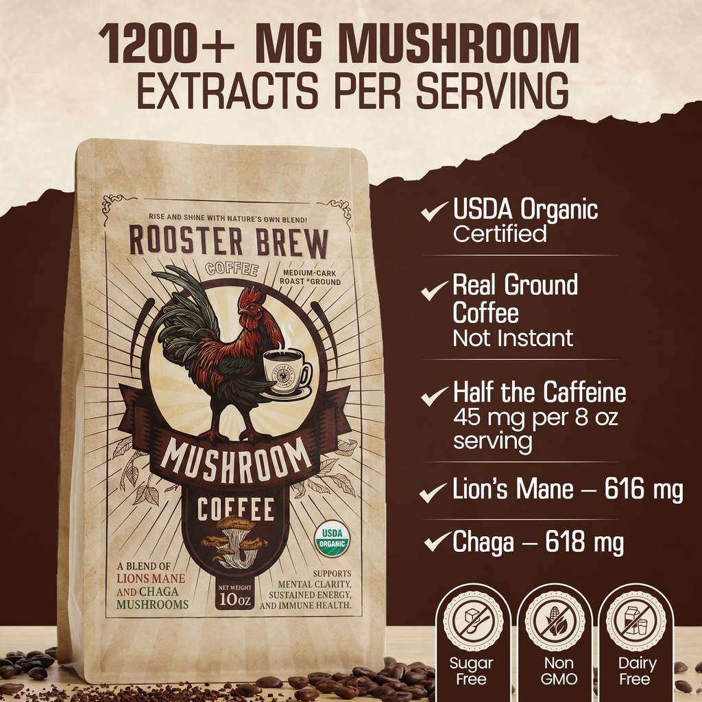 Rooster Brew Mushroom Coffee – Lion’s Mane Mushroom Blend, Medium-Dark Roast, 10oz