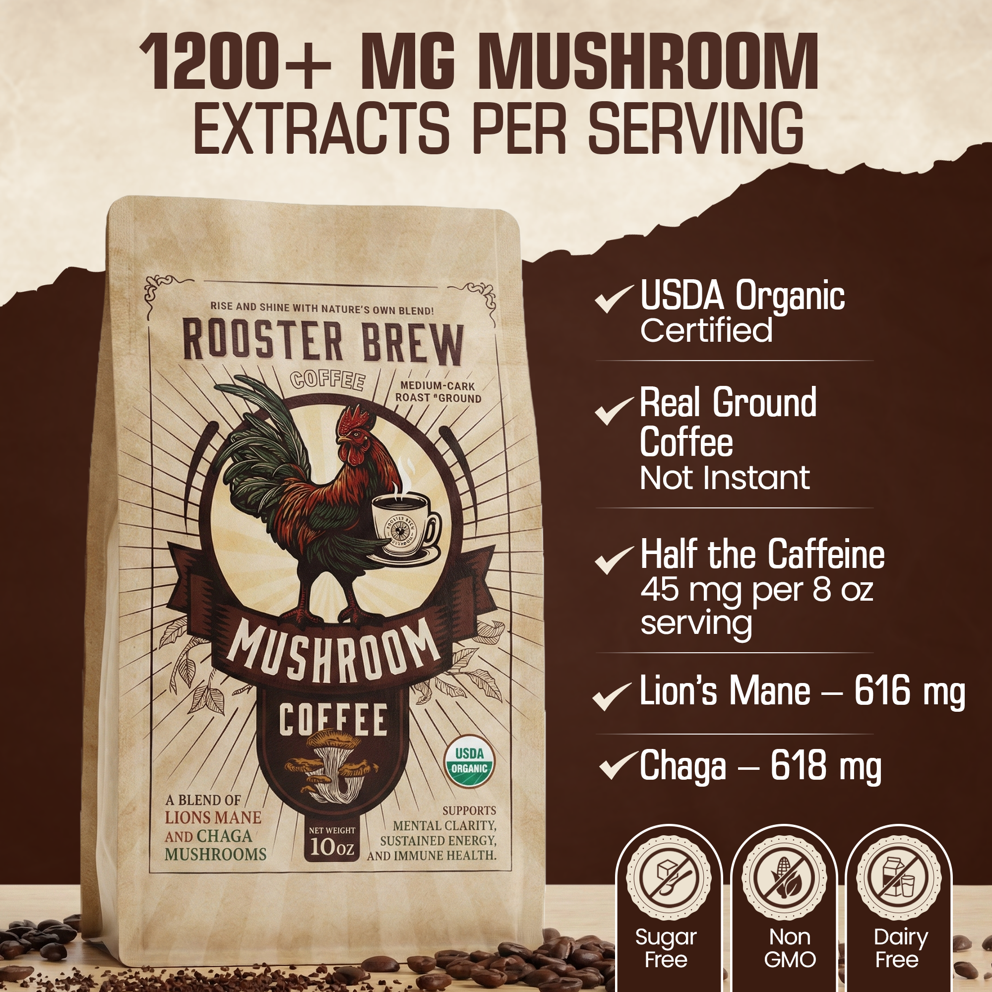 Rooster Brew Mushroom Coffee – Lion’s Mane Mushroom Blend, Medium-Dark Roast, 10oz