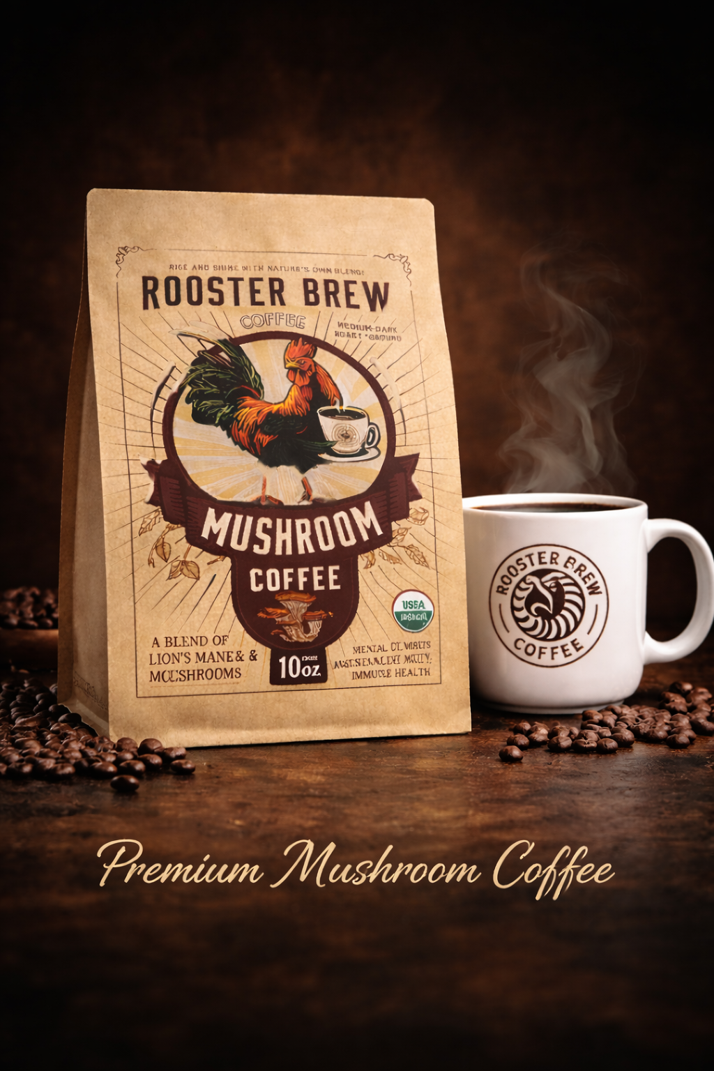 Rooster Brew Mushroom Coffee – Lion’s Mane Mushroom Blend, Medium-Dark Roast, 10oz
