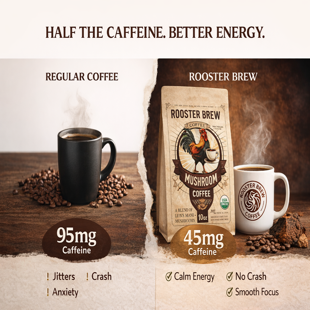 Rooster Brew Mushroom Coffee – Lion’s Mane Mushroom Blend, Medium-Dark Roast, 10oz