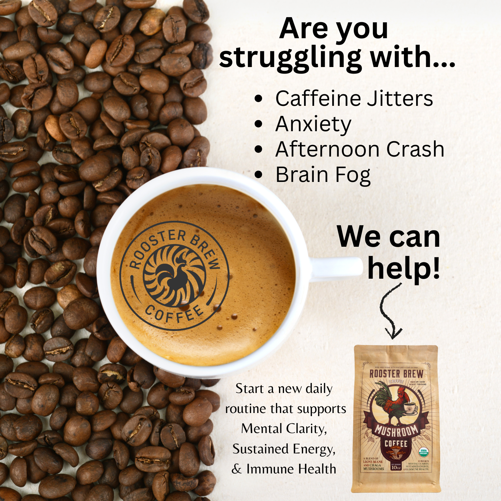 Rooster Brew Premium Mushroom Coffee – Lion’s Mane Mushroom Blend, Medium-Dark Roast, 10oz